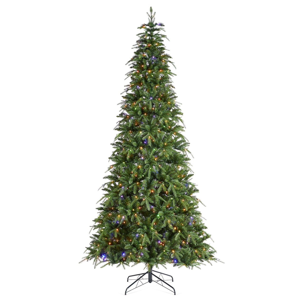 Glitzhome® 9ft Pre-Lit Green Slim Fir Artificial Christmas Tree, Multicolor LED Lights